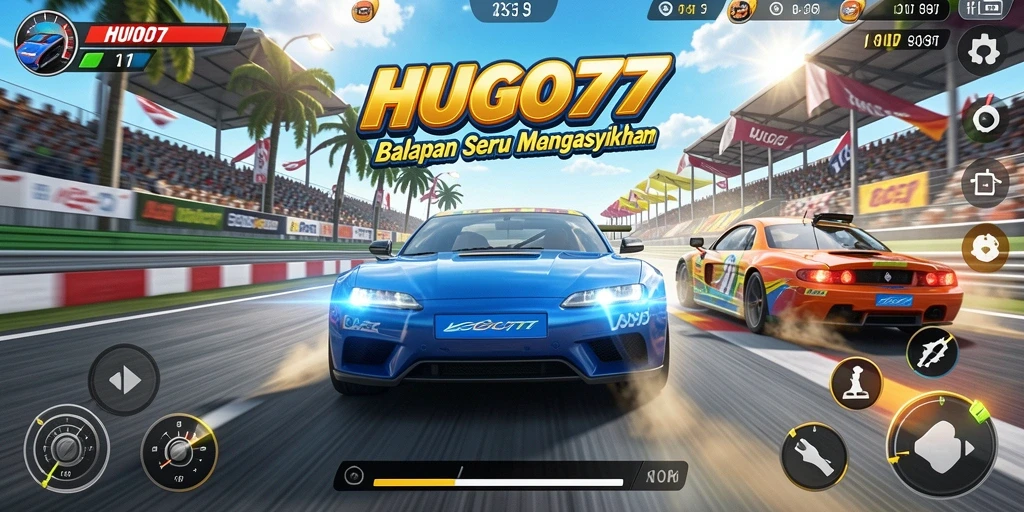 Tampilan utama gameplay HUGO77 yang mendebarkan saat balapan.